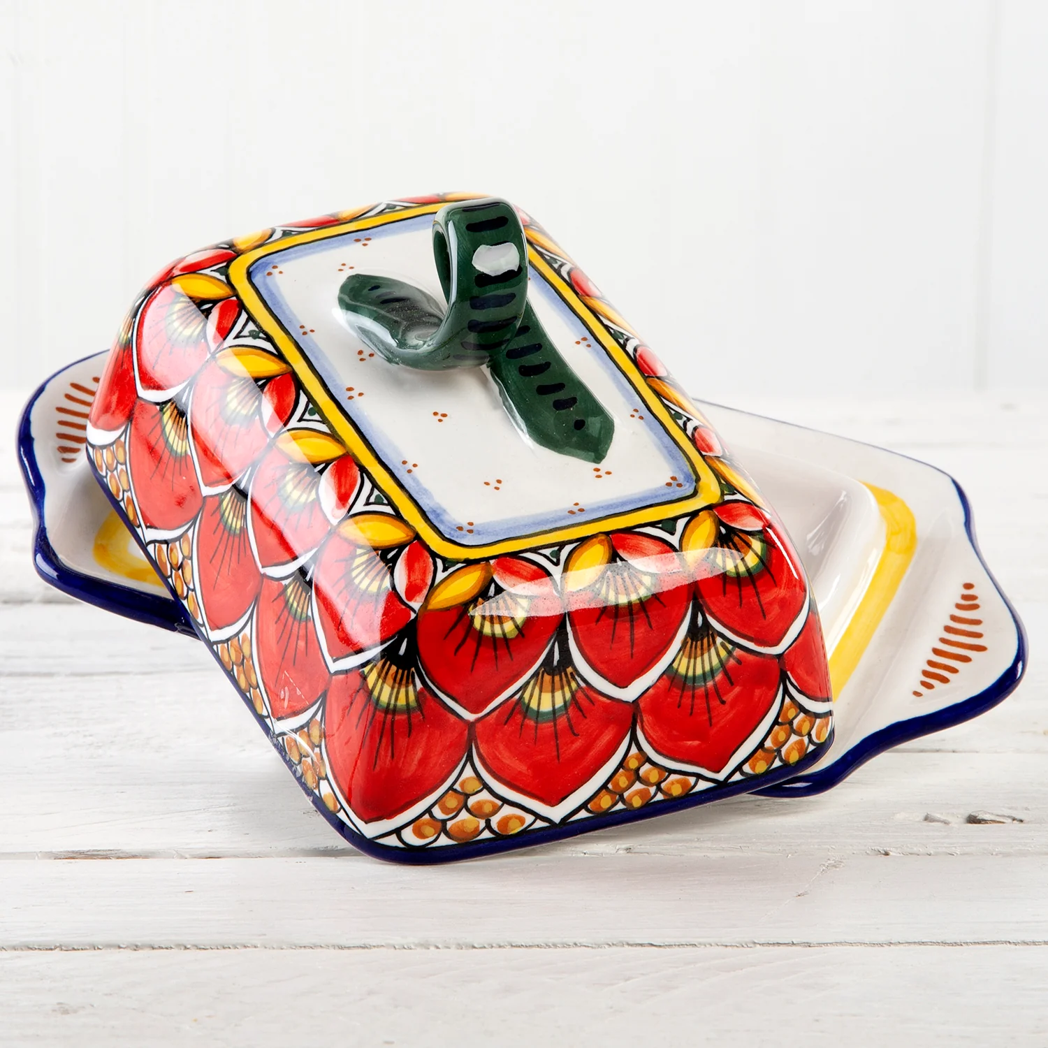 Deruta Geometric Peacock Pattern Butter Dish