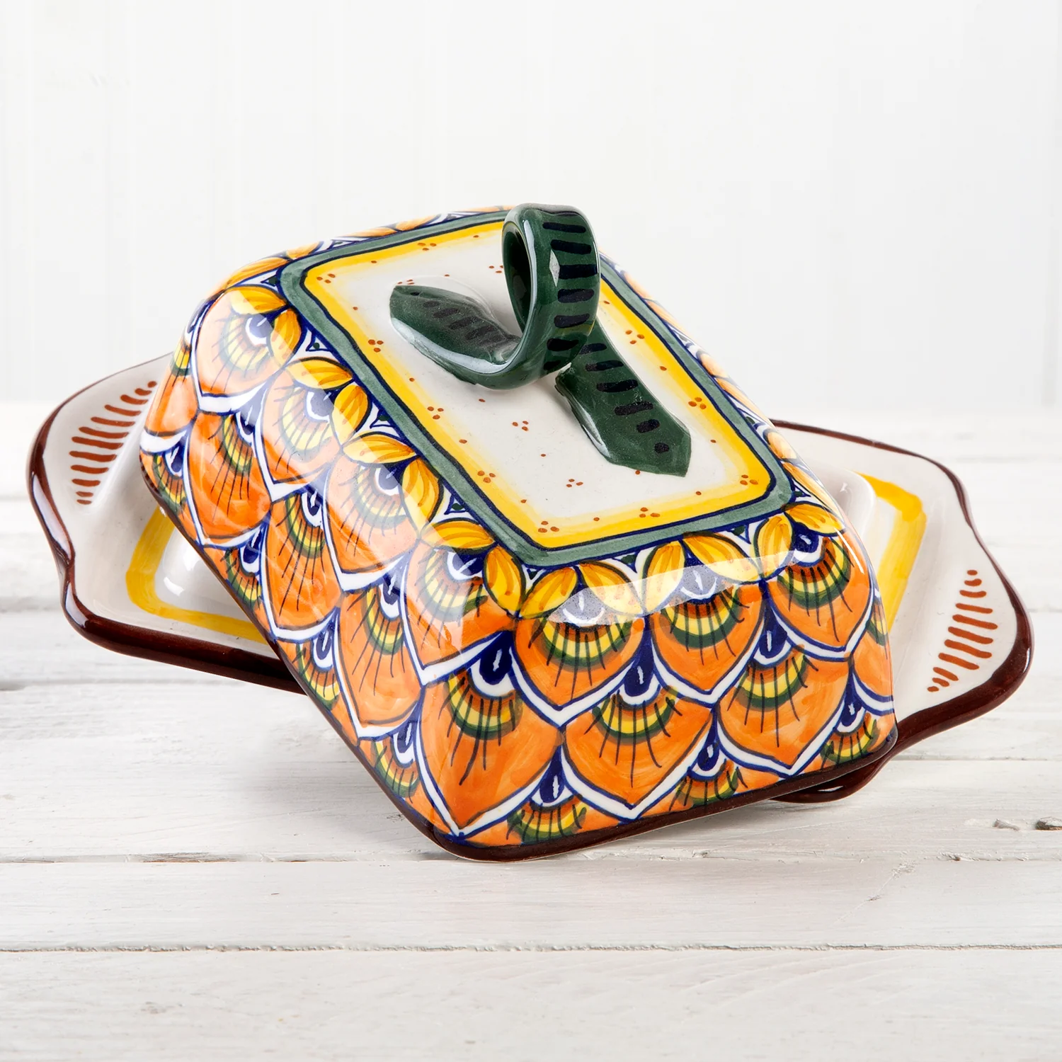 Deruta Geometric Peacock Pattern Butter Dish - Image 2