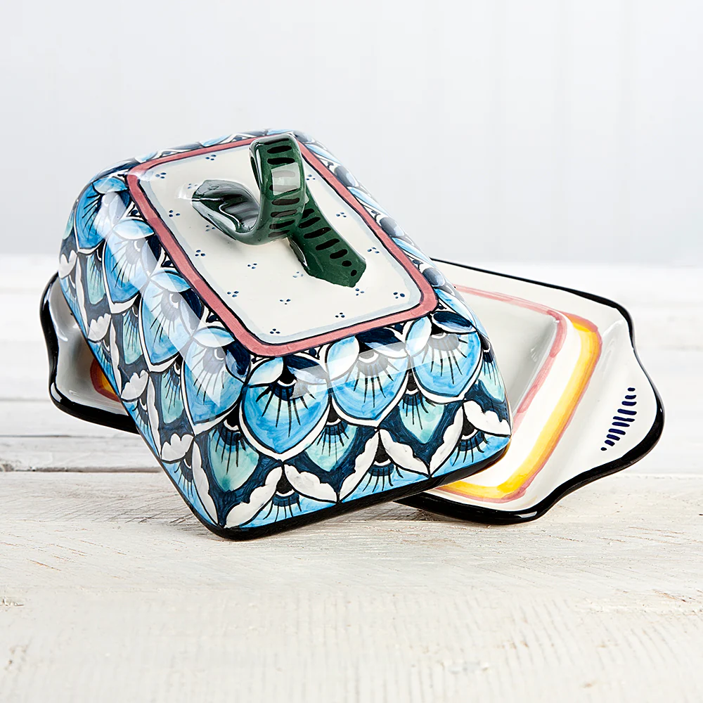 Deruta Geometric Peacock Pattern Butter Dish - Image 3