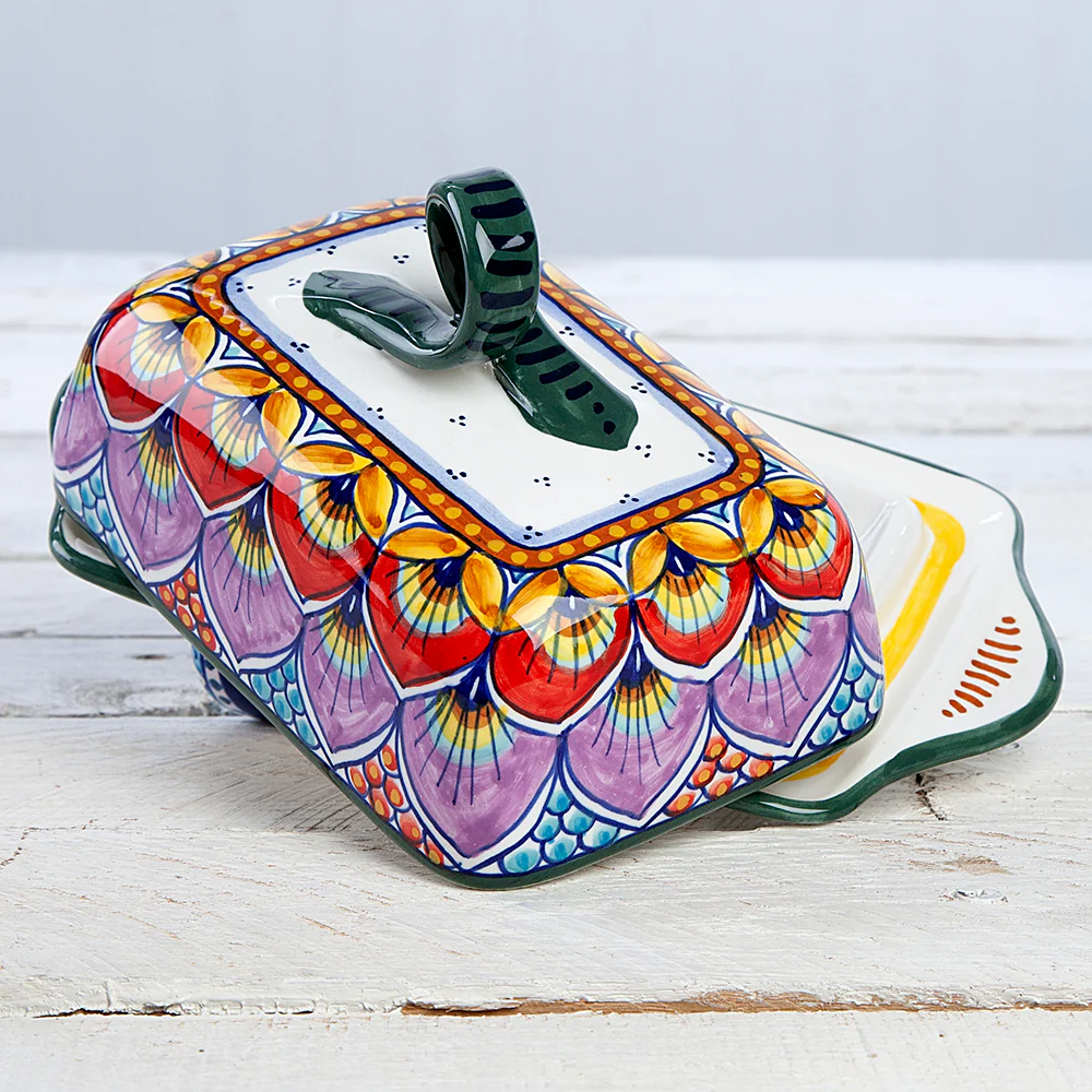 Deruta Geometric Peacock Pattern Butter Dish - Image 4