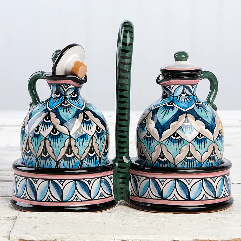 Deruta Geometric Peacock Pattern Oil and Cruet Set (Blue)