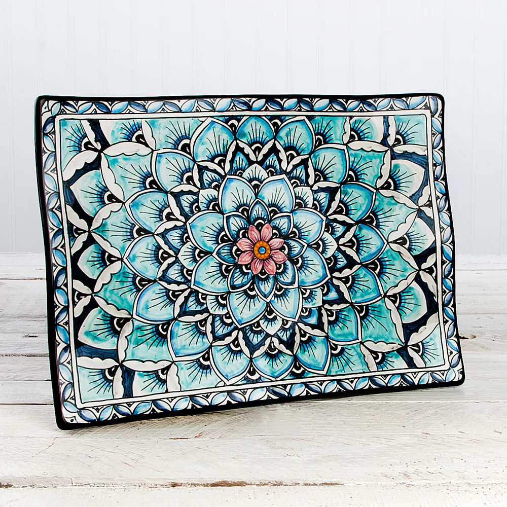 Deruta Geometric Peacock Pattern Rectangle Plate