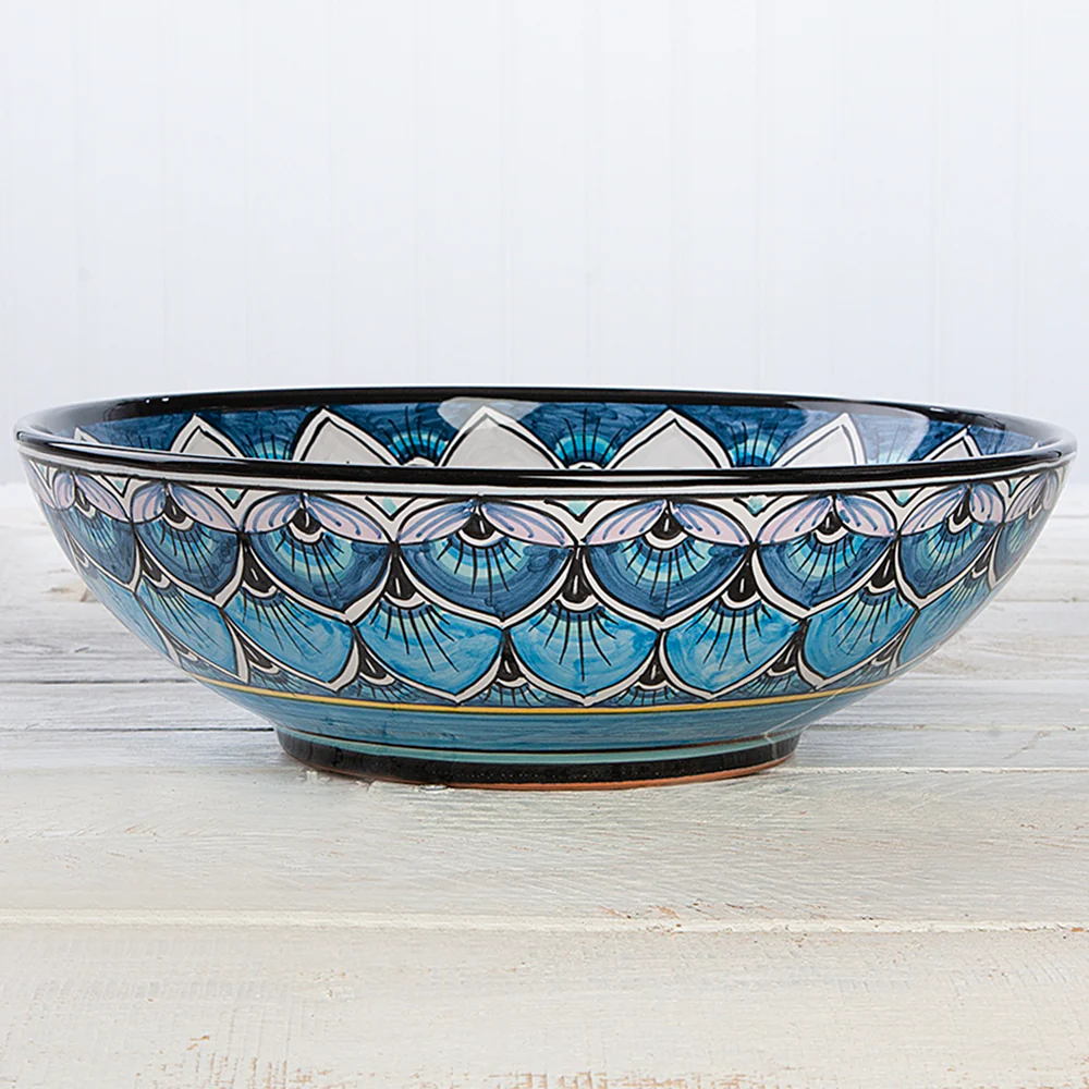 Deruta Geometric Peacock Pattern 11.5 inch Bowl (Blue) - Image 2