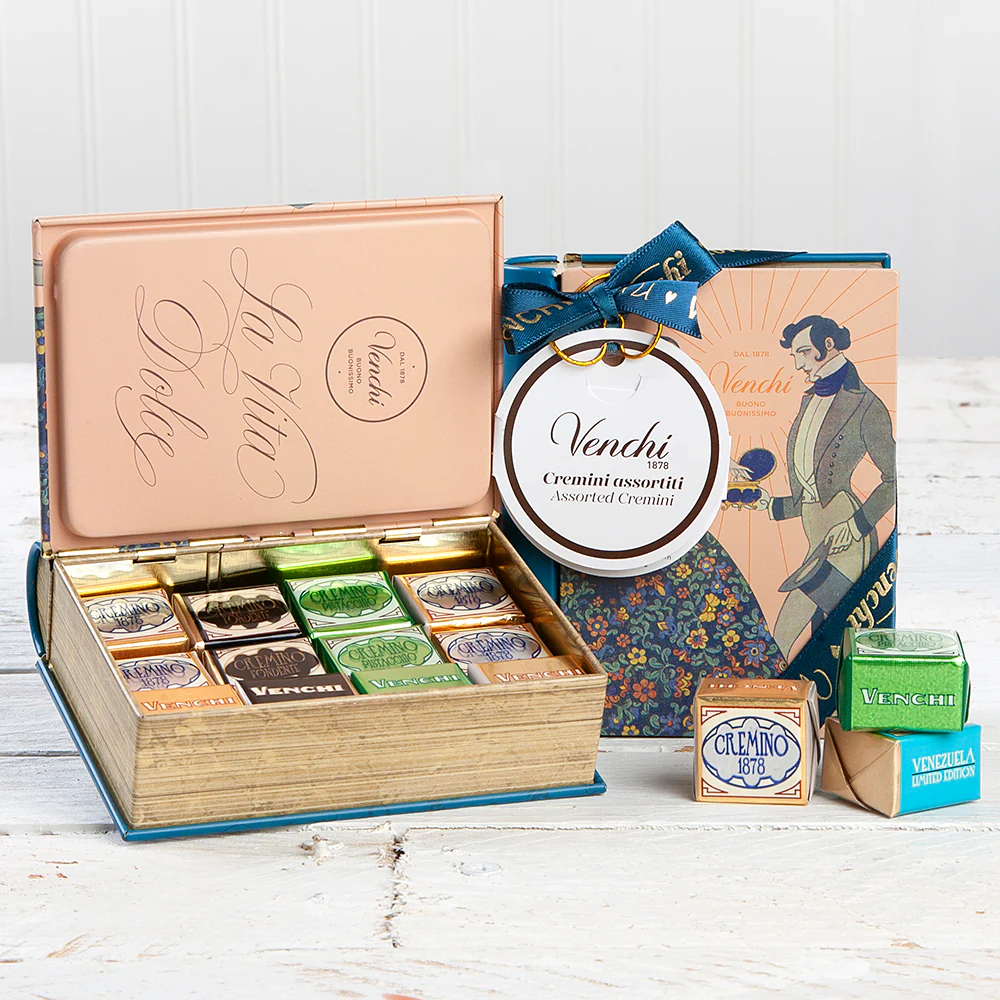 Assorted Cremini Chocolates - 4.37 oz. Blue Vintage Mini Book Tin