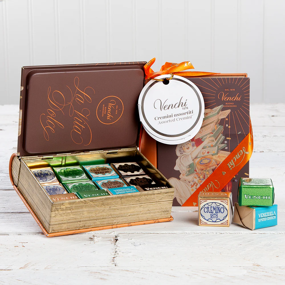 Assorted Cremini Chocolates - 4.37 oz. Orange Vintage Mini Book Tin